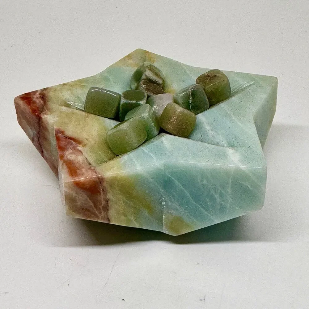 Caribbean Calcite Star Bowl‎ w Green Aventurine Cubes Crystal Decor